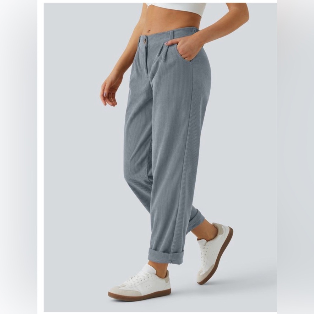 Halara AuraCord Cloud Ribbed Pants Blue Gray Petite S Wide Leg Stretch NWT